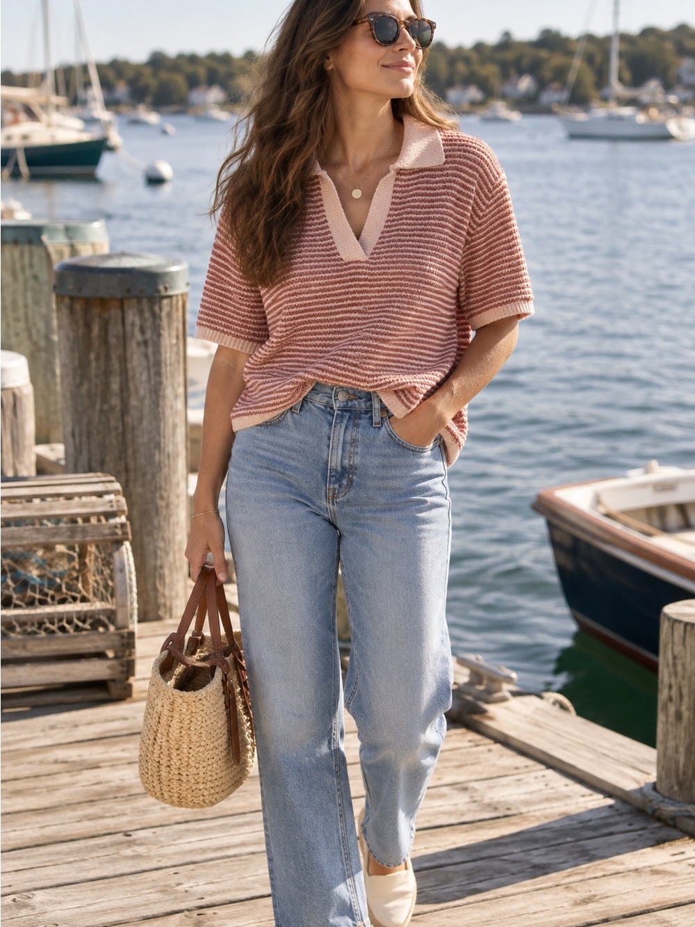 ZARA Pink Striped Textured Knit Polo Top S/M